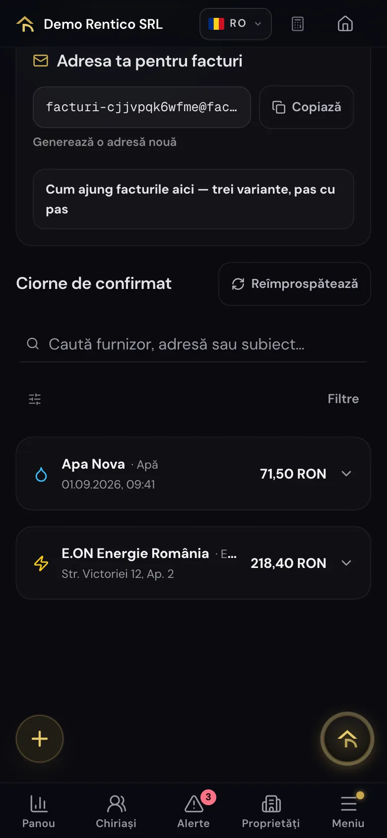 Cutia de facturi primite pe telefon, cu două facturi citite automat